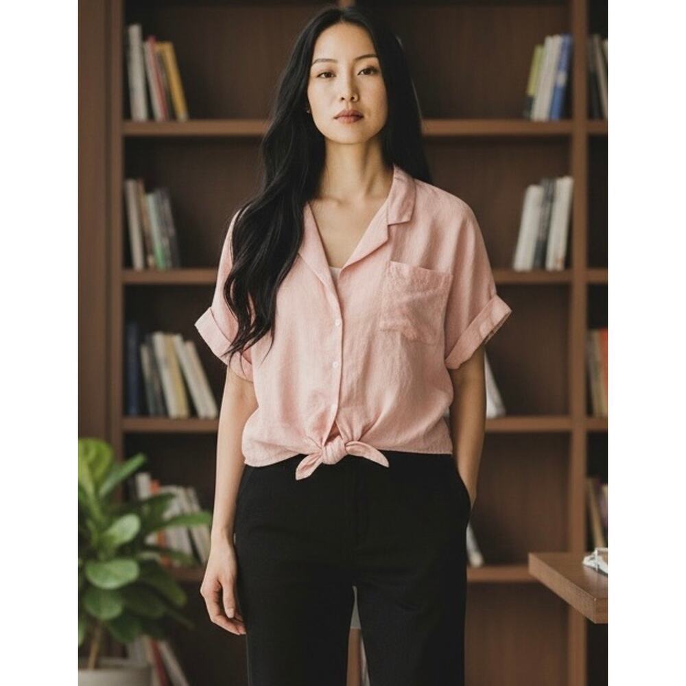 Self Contrast 100% Linen Button Front Blouse Tie Front Top Size S NWT